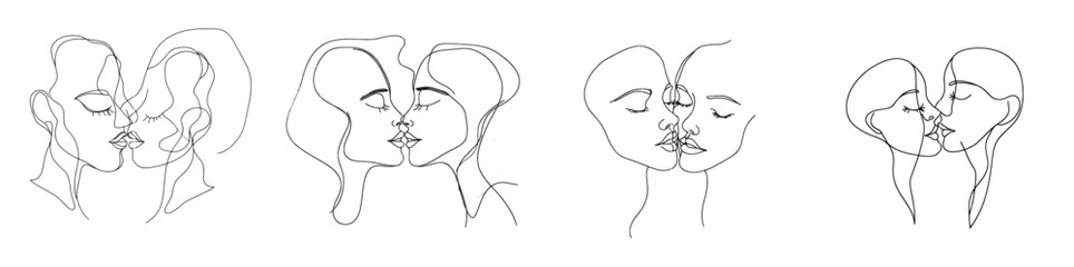 The abstract kissing couple one line drawing is done on a white isolated background. It has a minimalist concept and a human face, modern illustration style.