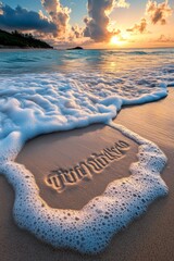 Poster - A serene beach scene at sunset with waves and sand writing.