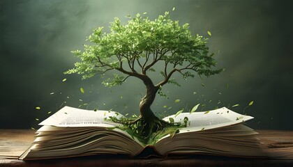 Wall Mural - Nature and Literature Intertwined: A Tree Sprouting from an Open Book in a Surreal Scene