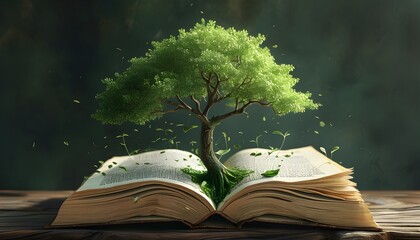 Wall Mural - Nature and Literature Intertwined: A Tree Sprouting from an Open Book in a Surreal Scene