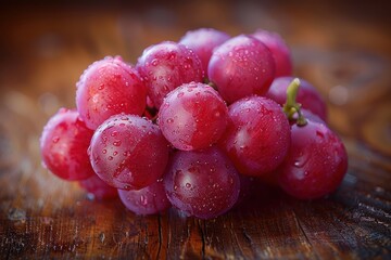 Close-up image of fresh, juicy red grapes with water droplets on a rustic wooden surface, capturing the vibrant color and texture of the fruit in high detail