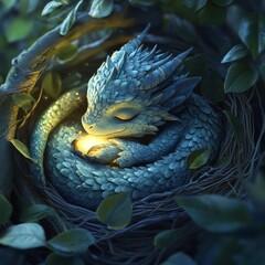 Poster - A serene blue dragon curled up in a nest, cradling a glowing orb.