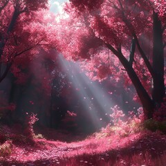 Sticker - A serene forest scene with vibrant pink foliage and soft sunlight.