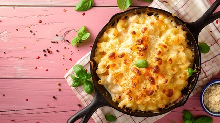 Wall Mural - On a pink wooden backdrop homemade macaroni and cheese is cooked in a cast iron skillet