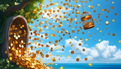 Golden coins cascading from an open birdcage into a bright blue sky, symbolizing the liberation of wealth and the essence of freedom