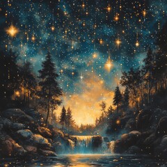 Sticker - A serene landscape featuring a waterfall under a starry sky.