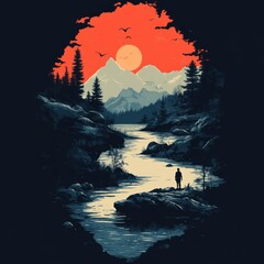 Sticker - A serene landscape featuring mountains, a river, and a sunset.