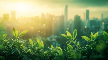 Poster - A serene landscape with greenery and a city skyline at sunset.