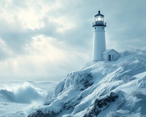 Sticker - A serene lighthouse on a snowy cliff by the ocean.