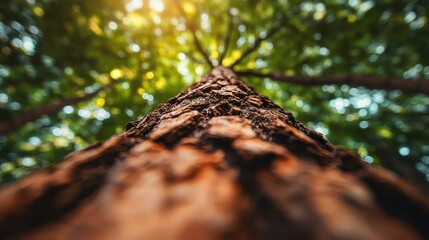 A detailed close-up view of a tree trunk with textured bark, reaching upward towards the sky, with soft sunlight filtering through the leaves in the background.