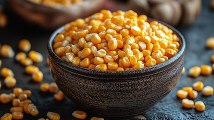 A bowl filled with golden corn kernels