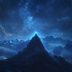 Wall Mural - A serene mountain scene under a starry sky with a meditative figure.