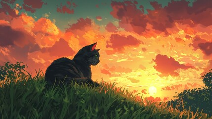 Naklejka na meble A cat resting on a grassy hill under a serene sunset, Japanese animation background