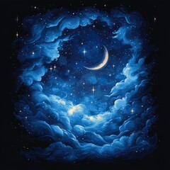 Wall Mural - A serene night sky with clouds and a crescent moon.