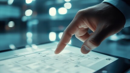 Calendar floating on the floor Young businessman's hand touching a calendar The index finger has a display fingerprint on screen