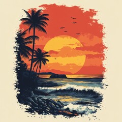 Poster - A serene sunset over a coastal landscape with palm trees.