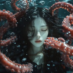 Sticker - A serene underwater scene featuring a woman with octopus tentacles.