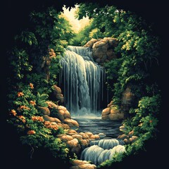 Poster - A serene waterfall surrounded by lush greenery and vibrant flowers.