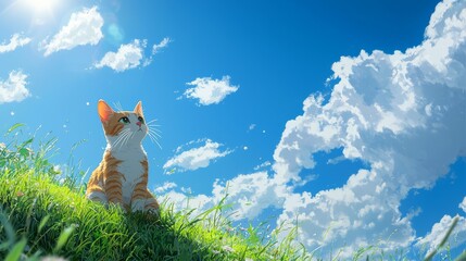 A cat sitting on a grassy hill with the blue sky and animated clouds in the background, Japanese animation background