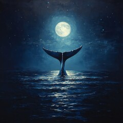 Wall Mural - A serene whale tail rises from the ocean under a full moon.