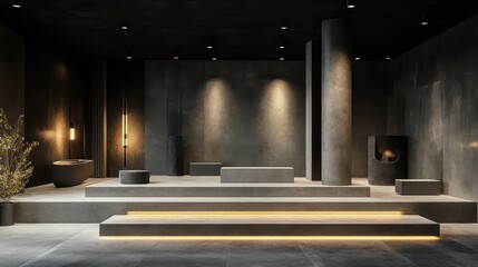 Poster - Concrete podium in a minimalist lighting showroom, designer lamps on display
