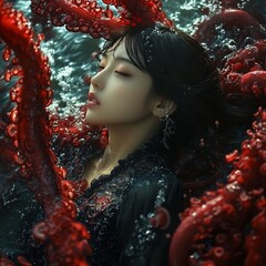 Wall Mural - A serene woman submerged in water, entwined with vibrant octopus tentacles.