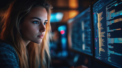 Wall Mural - Cyber Security Expert,  A female IT specialist analyzes AI threats to consumer data privacy while coding and ethical hacking in a dark office environment