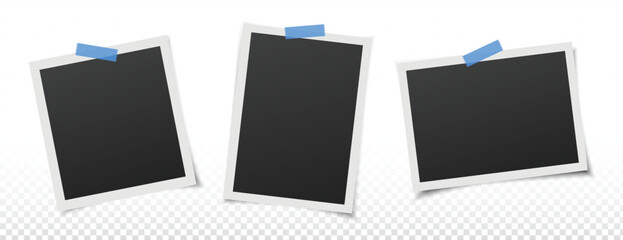 Fototapete - 3 polaroid photo frames collection vector. Empty black photo frame mockup with overlay shadow and black background. Transparent blue tape.