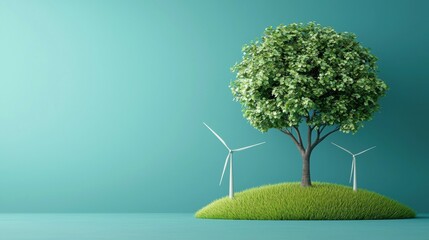 A tree is growing on a hill with two wind turbines in the background