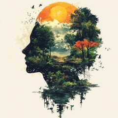 Sticker - A silhouette filled with vibrant nature scenes and a sunset.