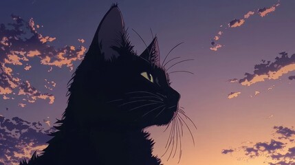 A close-up of a cat resting under a serene twilight sky with faint clouds, Japanese animation-inspired