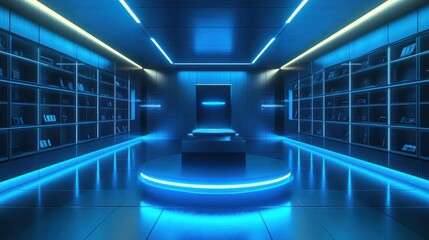 Poster - glossy podium in a high-end tech showroom, futuristic gadgets on shelves