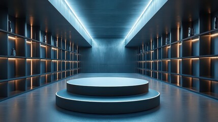 Poster - glossy podium in a high-end tech showroom, futuristic gadgets on shelves