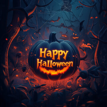 3D Happy Halloween,  A grinning pumpkin surrounded by spiders