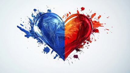 Artistic heart split in blue and red, symbolizing passion and unity