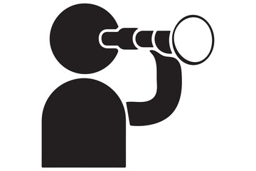 A silhouette of a man using a telescope, designed as a vector icon on a white background.