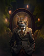 Wall Mural - A cat wearing a brown suit, a white shirt, and a gold tie stands in front of a dark, arched doorway.