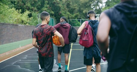 Canvas Print - Sports, athletes and basketball team training for a game on an outdoor court for a match. Fitness, workout and healthy group of players getting ready to do an exercise on a professional field.