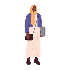 Wall Mural - Young Islamic woman in hijab holds laptop in hand. Muslim girl in headscarf with stylish shoulder bag. Fashion moslem in dress to office work. Flat isolated vector illustration on white background