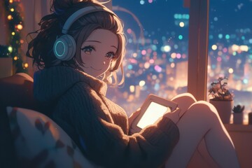 Wall Mural - A girl with headphones on, holding an open book, sitting in a cozy corner with fairy lights in the background, anime illustration, flat anime illustration