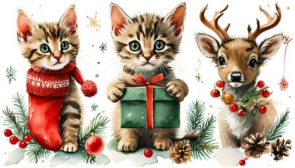 Festive watercolor sticker collection featuring a cat in a red holiday stocking, a kitten in a green gift box, a reindeer, and a pinecone on a clear white background.