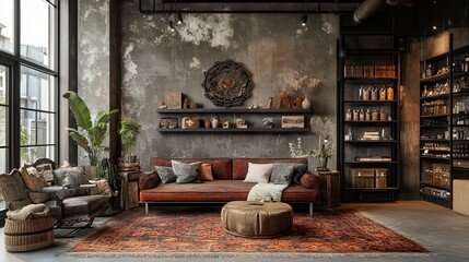 Wall Mural - Industrial-style podium in a niche showroom, rare collectibles and unique decor