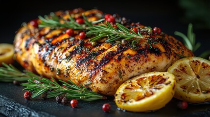 Wall Mural - Lemon Herb Grilled Chicken with Herbs and Spices on Grey Background