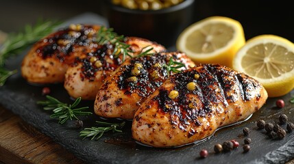 Wall Mural - Lemon Herb Grilled Chicken with Herbs and Spices on Grey Background