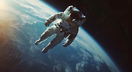 Wall Mural - An astronaut floats in space, with Earth visible behind him. He is wearing a space suit. There are many stars around him, and 5K realistic science fiction, 3D sci-fi art