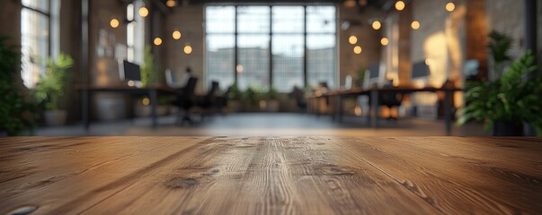 Wall Mural - A wide-angle view of a modern open-plan office with industrial design elements, featuring large windows, stylish lighting, and wooden furniture