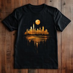 A stylish black t-shirt featuring a city skyline design at sunset.