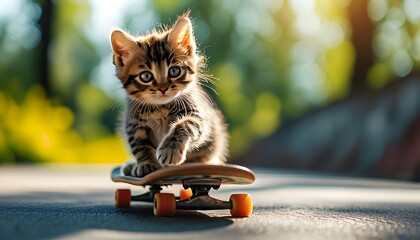 Wall Mural - Playful kitten skateboarding on a sunny summer day with a whimsical blurred backdrop