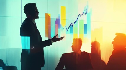 Poster - Confident business executive giving a presentation on market trends to a corporate team in a modern office setting