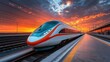 © aicandy - A sleek, modern high-speed train captured at a train station with a stunning sunset backdrop, highlighting the blend of advanced technology and scenic beauty